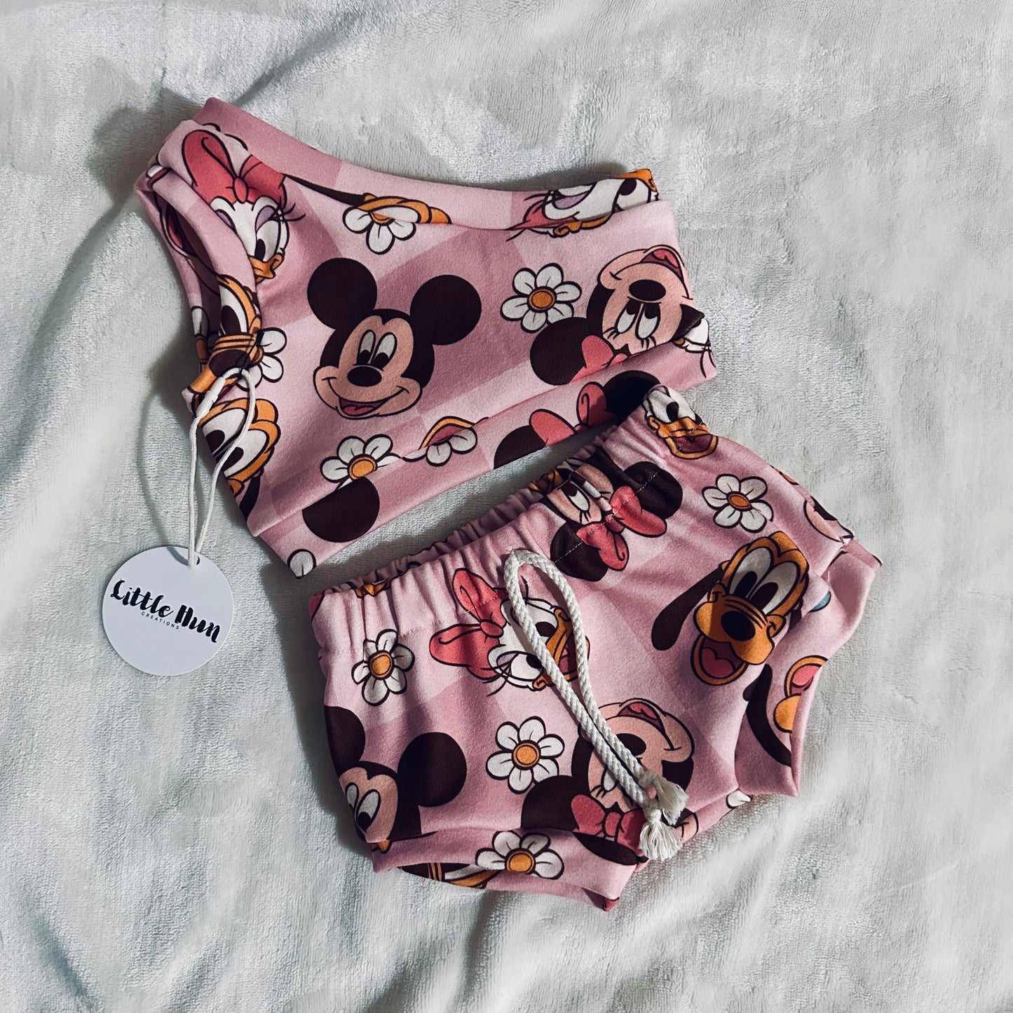 Pink Disney-Shorties & One Shoulder Crop Top Set