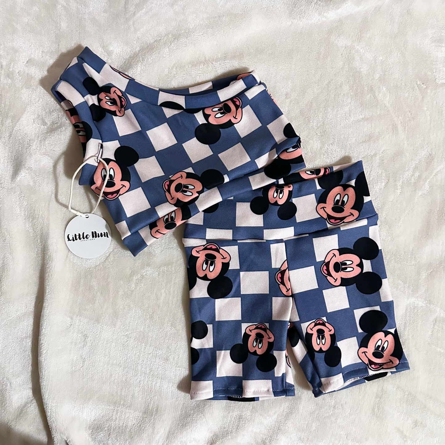 Mickey Checkered-Biker Short + One Shoulder Crop Top Set