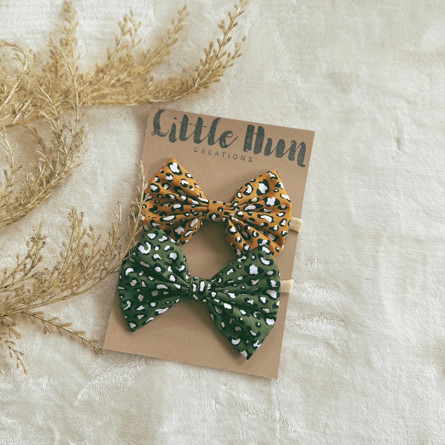 Yellow Mustard+Olive Green Leopard Bow Set